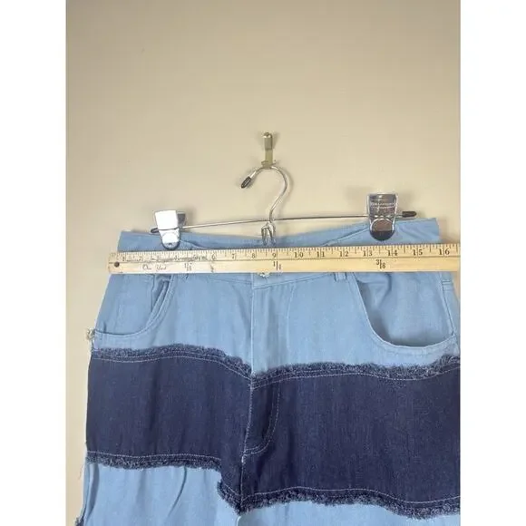 Jeans Women’s Blue Y2K Patchwork Size L High Rise Frayed Straight Leg Raw Hem - Picture 10 of 13